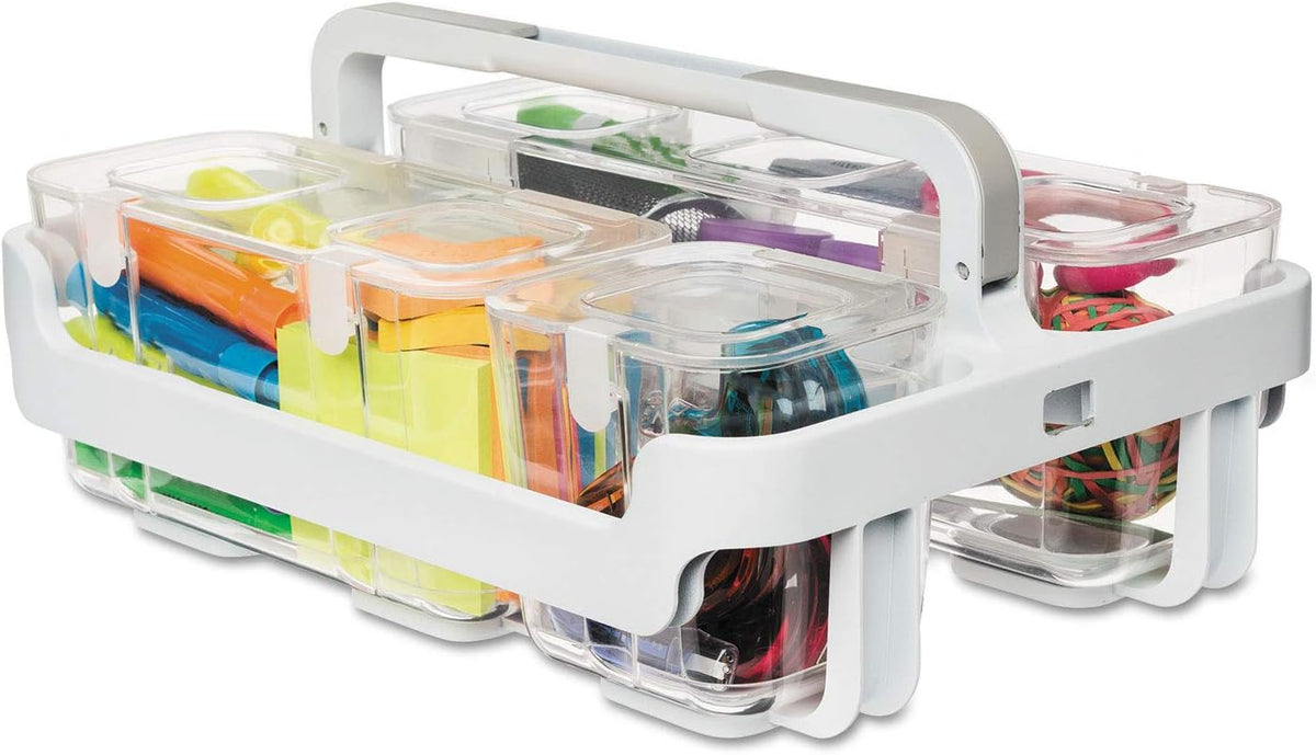 deflecto Stackable Caddy Organizer with S, M and L Containers, Plastic, 10.5 x 14 x 6.5, White Caddy/Clear Containers