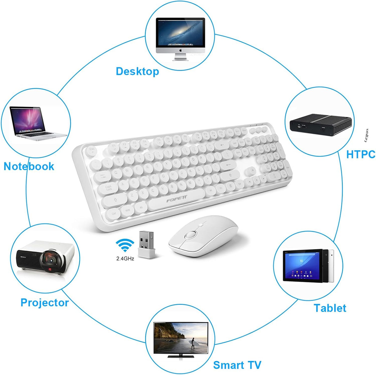 Wireless Keyboard and Mouse | Cute Colorful Keyboard and Mouse with 2.4GHz Cordless Retro Typewriter Keyboard | Auto-Sleep | USB Receiver for Windows PC/Laptop - White