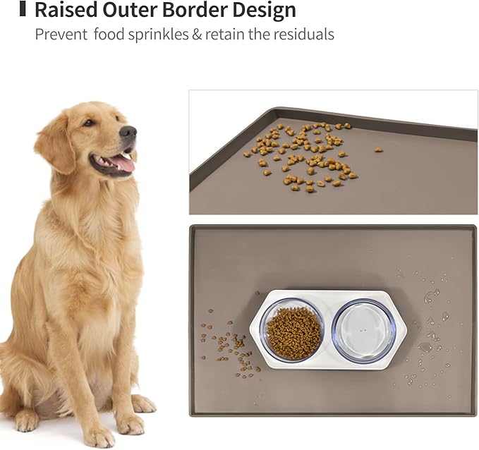 Dog Food Mat,Silicone Waterproof Food Tray,Non Slip Pet Bowl Mats Placemat,0.6" Raised Edge,Suitable for Most Small and Medium Sized Pets,18.5" x 11.5"