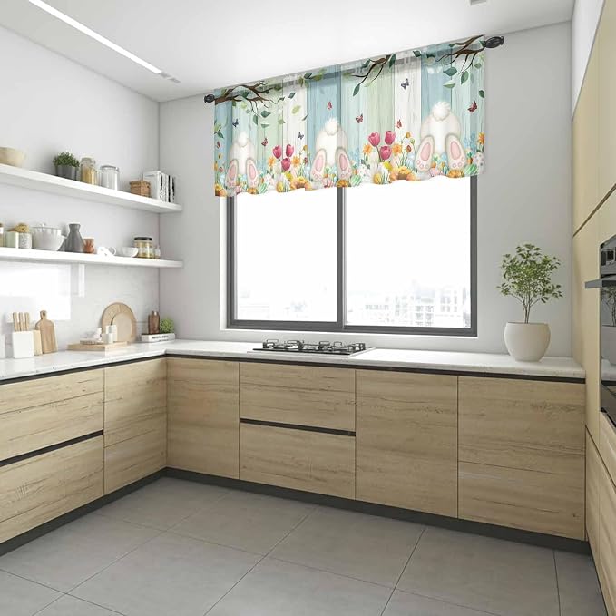 Easter Sheer Valances for Windows 42"x12", Light Filtering Kitchen Curtains