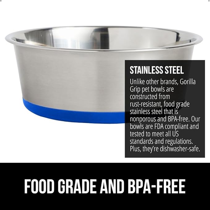 GORILLA GRIP Dog Bowls, Holds 2 Cups Each (16 fl oz), Heavy Duty Stainless Steel Food and Water Bowl for Feeding Dogs and Cats, Dishwasher Safe, Rust Resistant, BPA Free Rubber Base, Set of 2 Blue