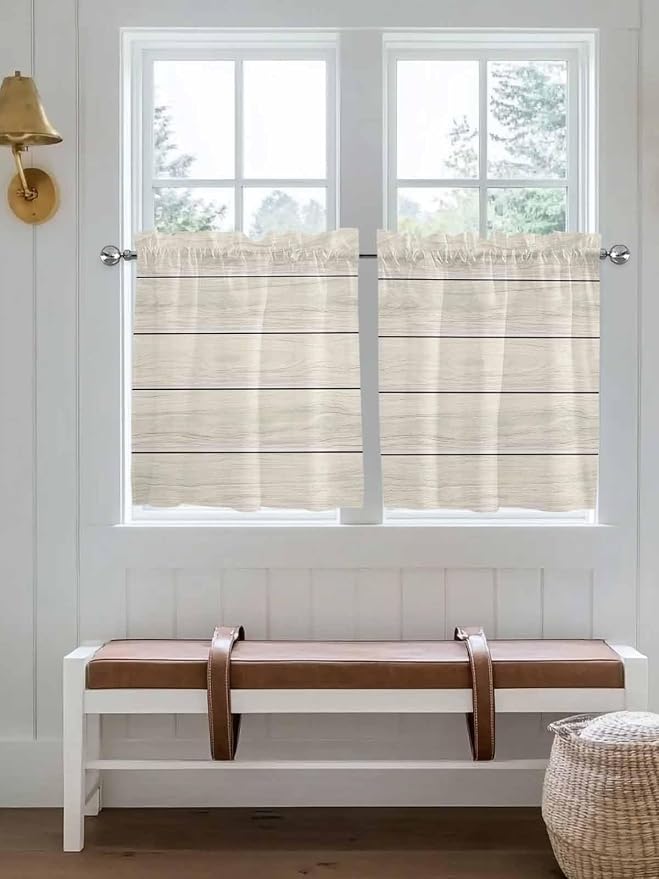 Vintage Country Wooden Board Window Valance Curtains, Gradient Wood Grain Line