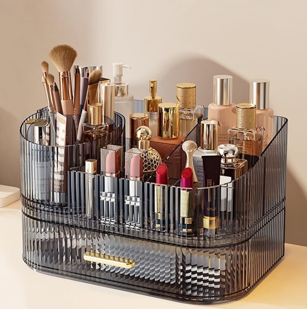 Makeup Organizer with Drawers, 360° Rotating Brush Holder