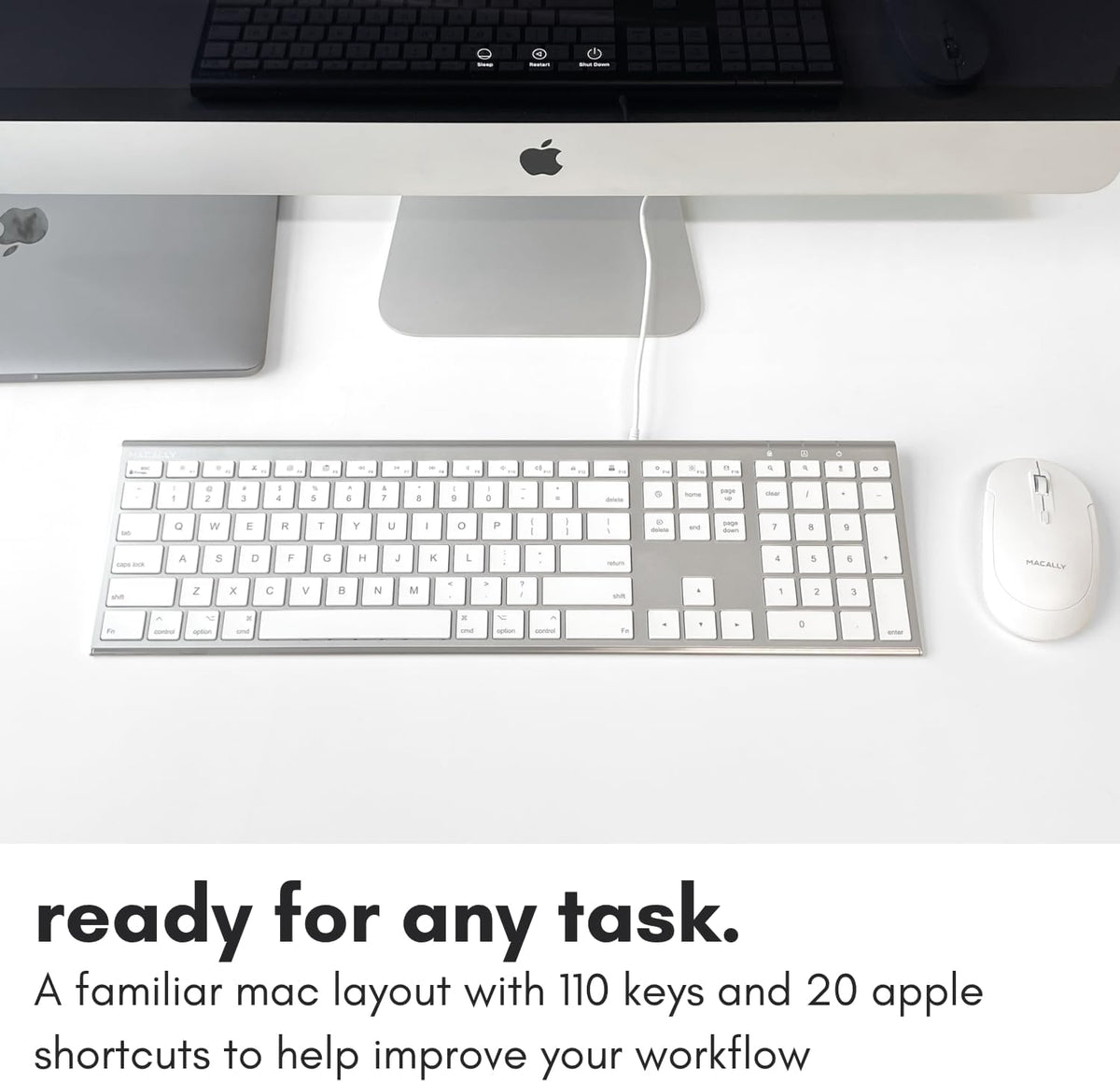 Macally Ultra Slim USB Wired Computer Keyboard - Compatible Apple Keyboard or Windows - Full Size with 20 Mac Keyboard Keys -with Numeric Keypad - Silver Aluminum Finish