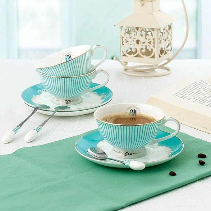 Ceramic Cup& Saucer Set, 6.8oz- Blue Stripe Pattern