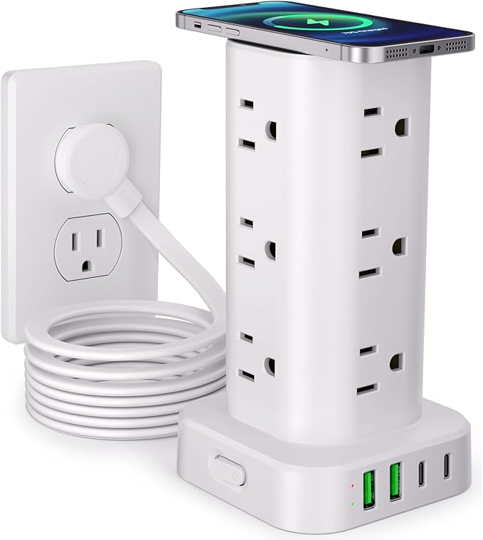 Power Strip with Wireless Charger, Flat Plug Surge Protector with 10FT Extension Cord, 12 AC Multiple Outlets, 4 USB (2 USB C), 15W Wireless Charging Power Tower for Home Office Dorm, White