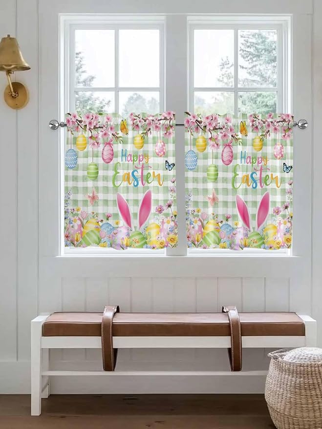 Happy Easter Half Window Curtain 36 Inches Long, Spring Bunny Eggs Flower Sage