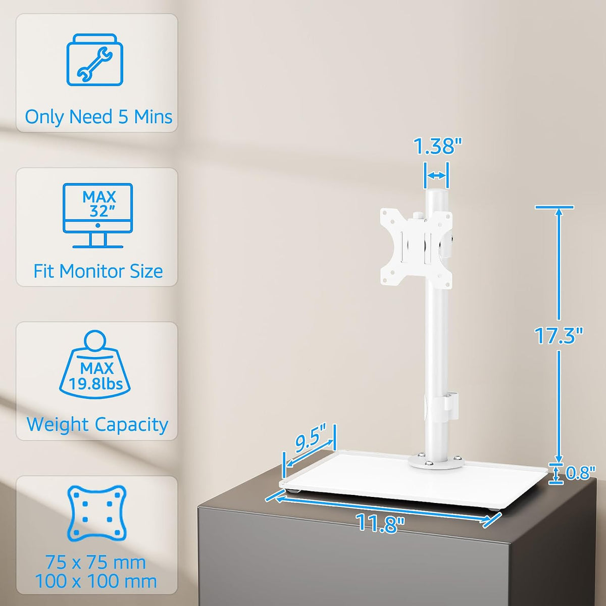 MOUNTUP Monitor Stand for Desk, Freestanding Monitor Mount Fits 13-32 inch Screen up to 19.8 lbs, Screen Stand with Swivel, Height, Rotation Adjustment, VESA Mount 100 x 100mm, 75 x 75mm