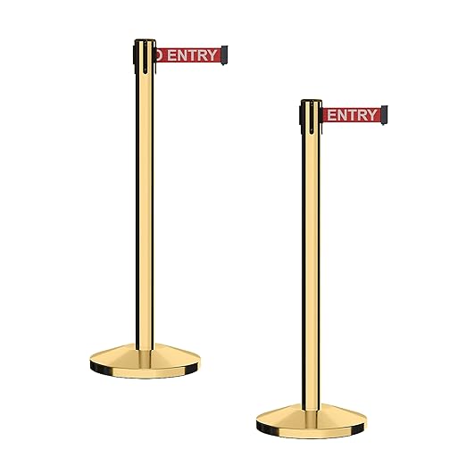 CCW Series RBB-100 - Set of 2 Stanchion Retractable Belt Barriers (11 Foot Belt, Red with"NO Entry" White Letters Belt with Polished Brass Post)