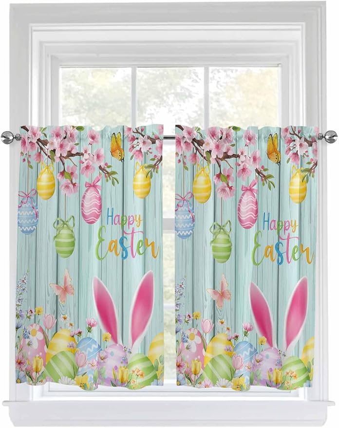 Happy Easter Kitchen Curtains 45 Inches length, Spring Bunny Eggs Flower Teal