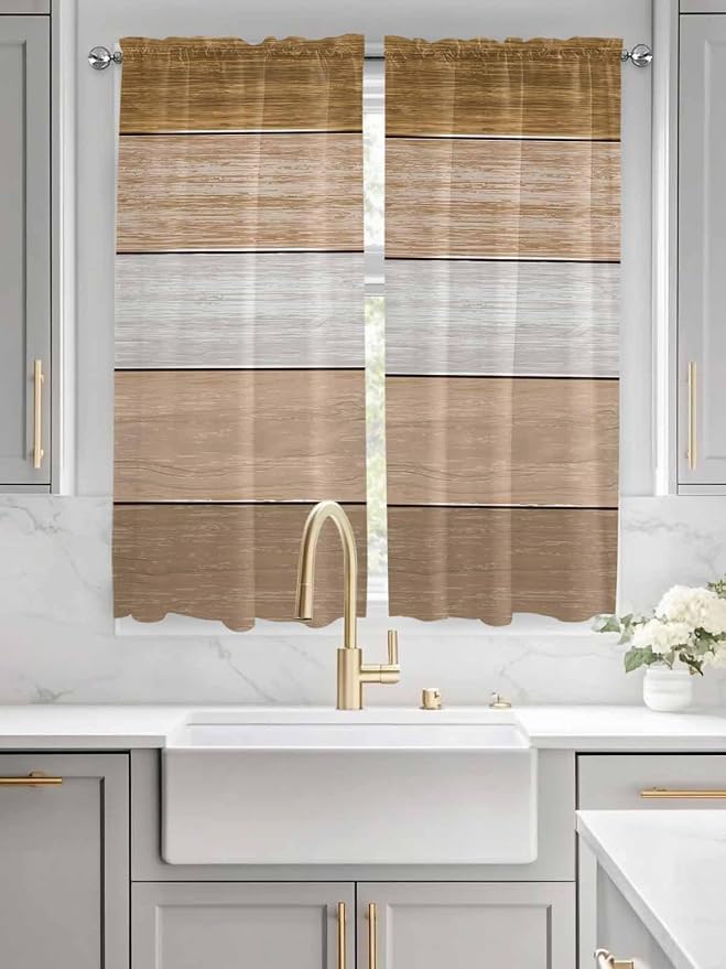 Retro Farm Wood Board Window Valance Curtains, 2 Panel