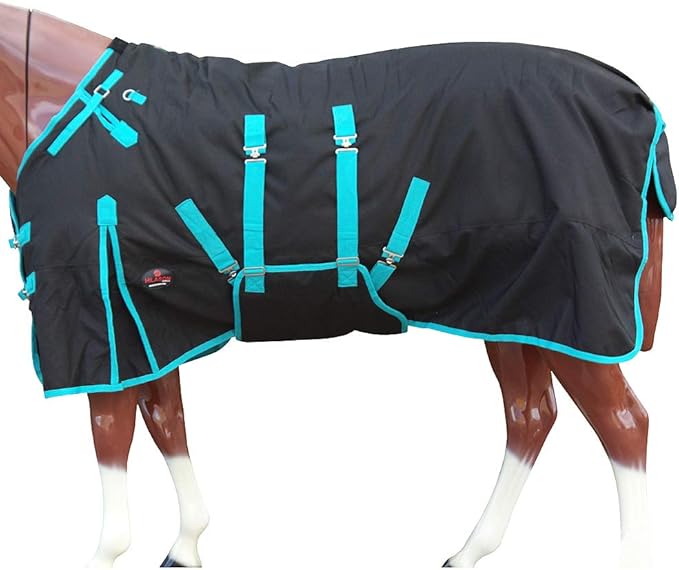 HILASON Black with Turquoise Trims 72 inch 1200D Winter Waterproof Poly Horse Turnout Blanket Belly Wrap