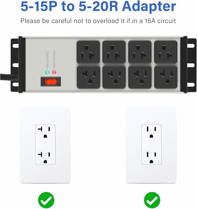 CCCEI Heavy Duty Power Strip Surge Protector 20 AMP, 8 Outlets 12 Gauge Industrial Shop Garage Metal Multiple Outlets, 6 FT Extension Cord 5-15P Adapter High Amp 6-20R T-Slot 20a for Appliance