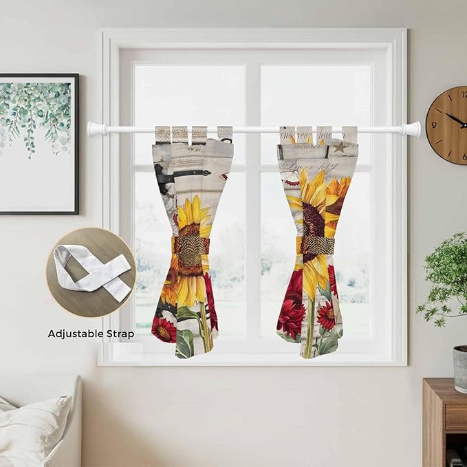 Red Yellow Sunflowers Kitchen Curtains 45 Inch Length, Short Cafe Window