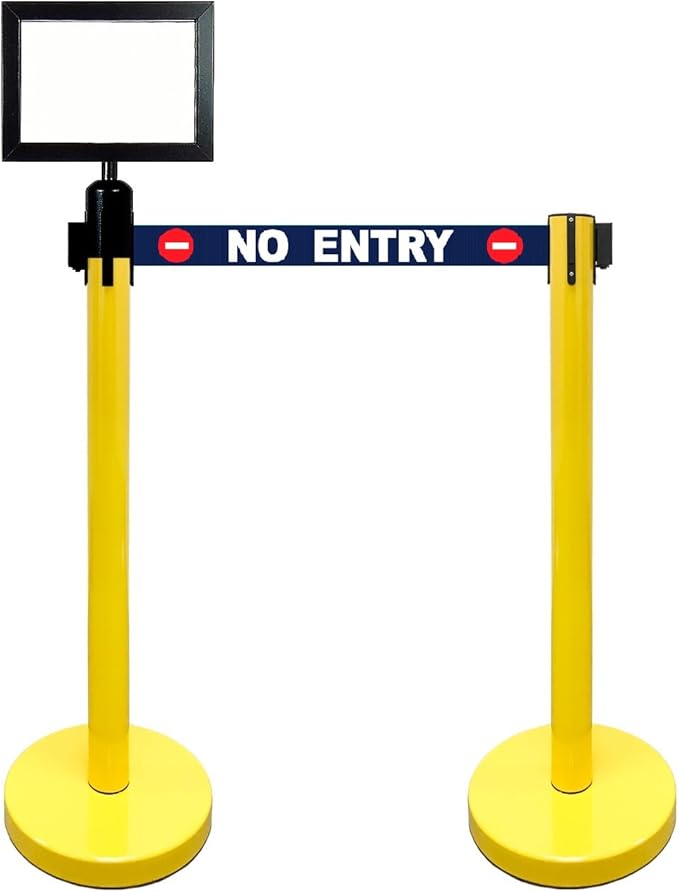Retractable Stanchion, 6 SPECIALTY Posts + Signframe, 36" Ht, 78" Special Event & Holiday Theme Belt + Bonus Replacement Cassettes + Wall Receiver (YEL Post/No Entry Belt)