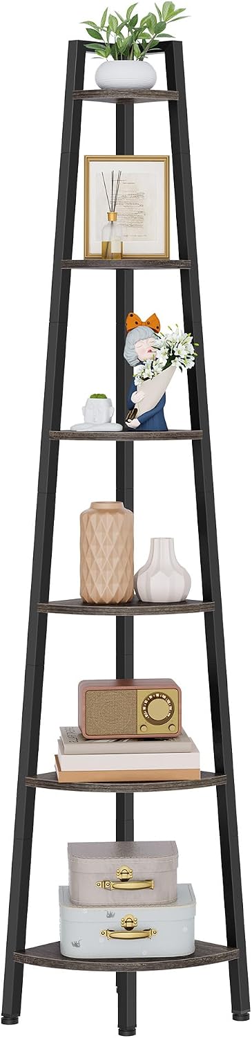 Hoctieon Corner Shelf, 6-Tier Corner Bookshelf, Rustic Ladder Shelf, Industrial Display Stand for Living Room, Kitchen, Home Office, Balcony, Small Space, Metal Frame, Grey