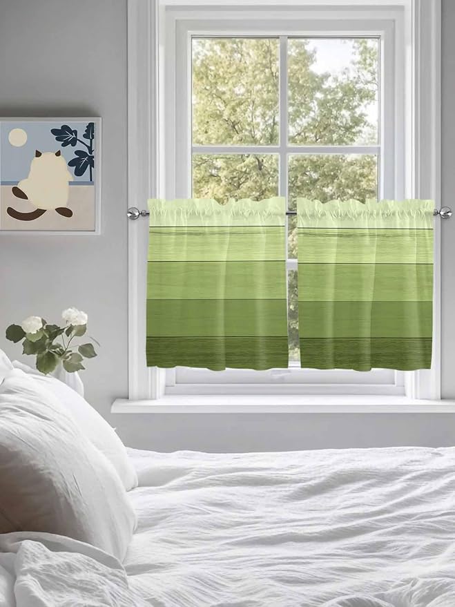 Gradient Green Wooden Board Window Valance Curtains, Retro Country Wood Grain