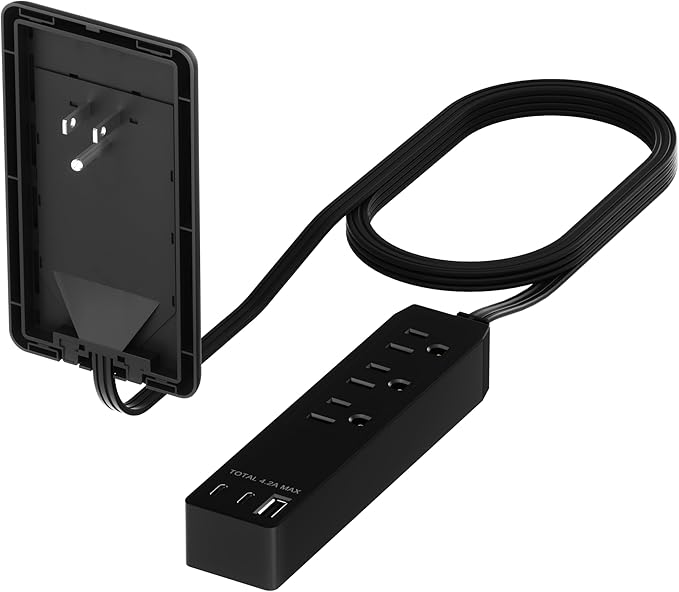 LIDER Outlet Extender with 3 Receptacles, 21W USB Type-A, and 2 USB Type-C, Ultra-Thin Wall Plate Plug with Cord Extender, 3-Outlet Power Strip, Flat-Face, Slim Design, ETL-Listed, 3ft Cord, Black