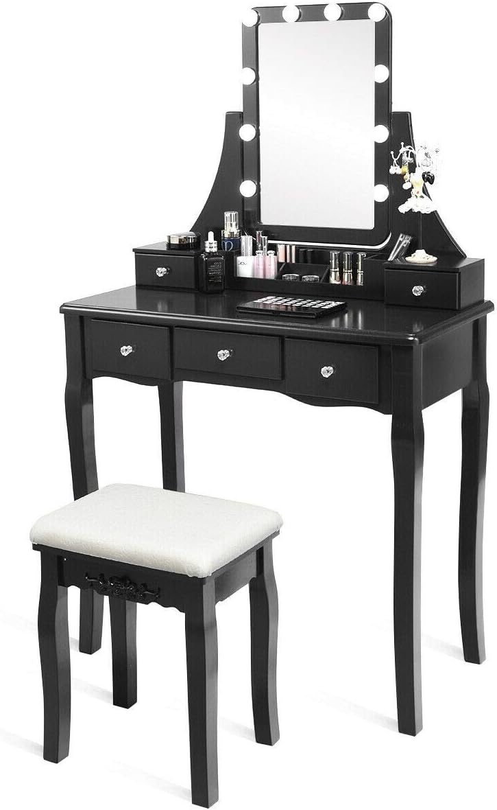 DORTALA Vanity Table Set w/Lighted Mirror, Morden Vanity Dressing Table w/ 10 Dimmable Light Bulbs & 5 Drawer, 2 Dividers Removable Organizer, Bedroom Makeup Table Set w/Cushioned Stool, Black
