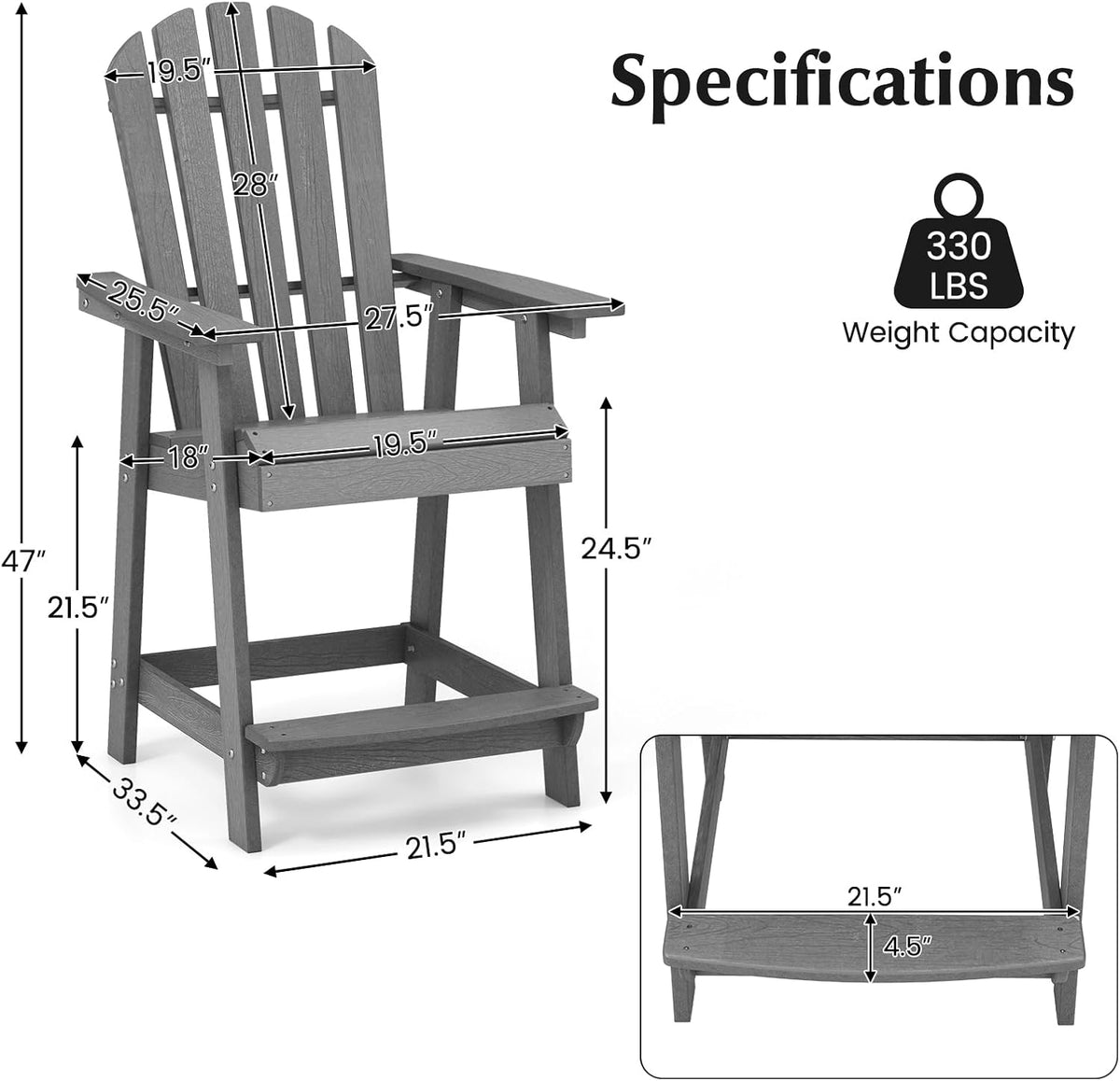Tangkula Outdoor Bar Stool, HDPE Tall Adirondack Chair with Armrest & Footrest, Weather Resistant 47 Inch Counter Height Barstool Lifeguard Chair for Pool Deck Patio Garden, Balcony Chairs (1, Gray)