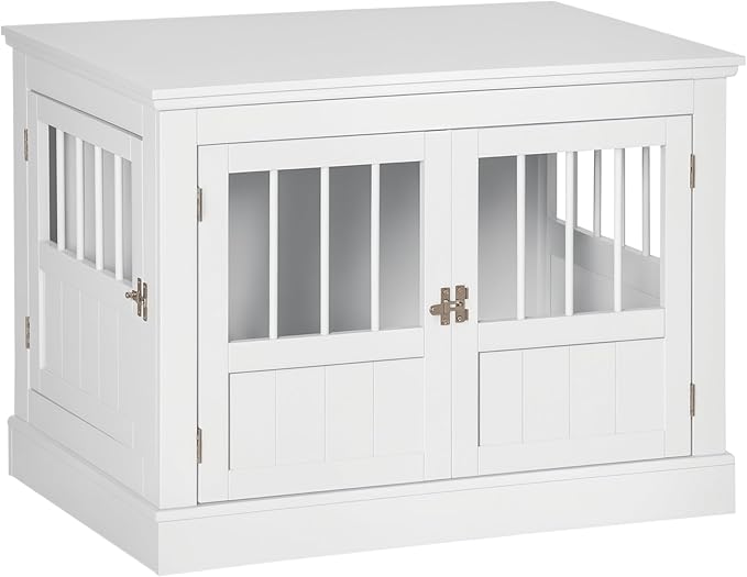 PawHut Dog Crate End Table with Triple Doors, Wooden Dog Crate Furniture Indoor Use, Puppy Crate for Small Dogs, White