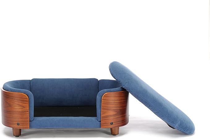 Scandinavian Style Elevated Dog Bed with Solid Wood Frame, Orthopedic Pet Sofa with Removable Washable Cover, Small Size Pet Furniture (Dark Blue + Brown)