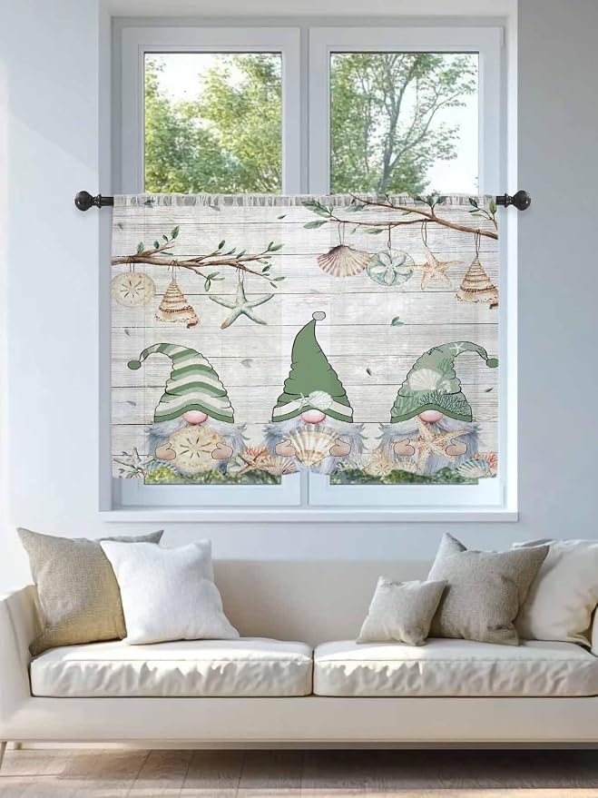 Sheer Curtains 54 Inch Length, Sage Green Gnomes Semi Sheer Curtains Light