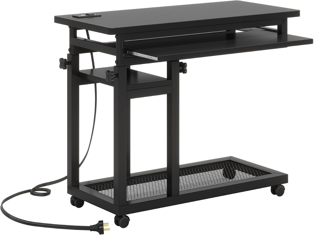 Tribesigns Small Portable Desk with Power Outlet, Height Adjustable Sofa Couch Bedside Laptop Table with Wheels, Mobile Standing Desk Rolling Computer Cart C Side Table with USB Ports