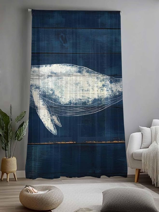 Sheer Curtains 108 Inches Long, Summer Whale Semi Sheer Curtains Light
