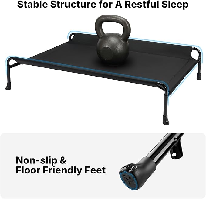 Veehoo Outdoor Dog Bed, Raised Dog Beds for Large Dogs, Elevated Dog Bed with Headrest, Washable Cooling Pet Cot with Non-Skid Feet, Breathable Pet Hammock for Indoor or Camping, 41", Black