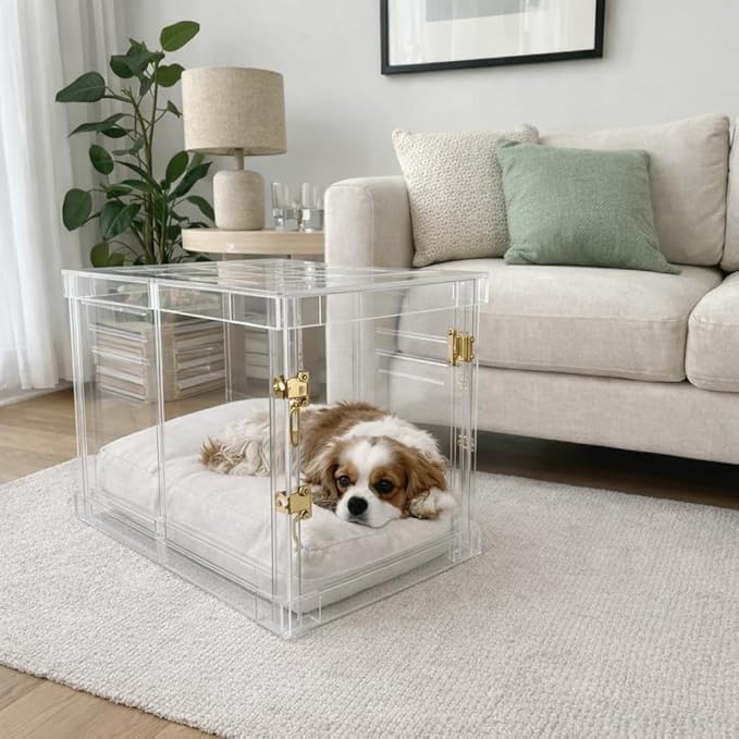 Clear Acrylic Small Dog Crate Furniture with Linen Cushion for Small Dogs up to 22 lbs, 3 in 1 Pet Crate and Gate, Modern Furniture Style Indoor Kennel, Dual Gold Latch, 16 x 24 x 18 in