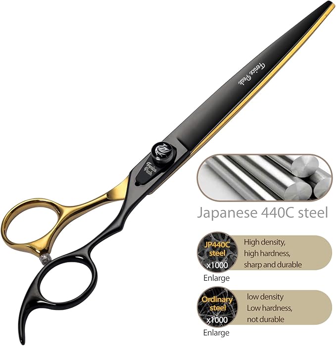 Fenice Peak 8'' Black Dog Grooming Scissors Goldern Straight Shears with Ergonomic Offest Handle and Pattern Screw Pet Grooming Trimming Shears Durable and Sharp 440C