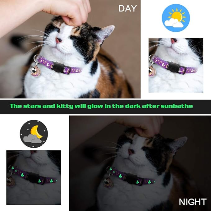 2PCS Breakaway Cat Collars with Bell Cute Kitty Glow in The Dark Adjustable Kitten Collars 7.9-13.0 Inch(Purple&Pink)