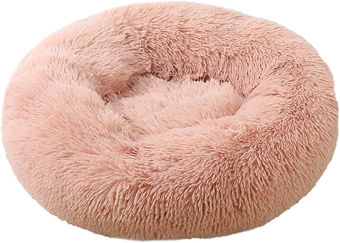 Calming Faux Fur Dog Beds Calming Donut Cuddler Dog Bed Washable Round Cat Bed Pillow Cuddler Fluffy Indoor Dog Calming Beds with Anti Slip Bottom Solid Color Peach Pink 20 Inch