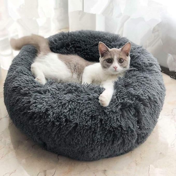 otoez Round Donut Dog Bed for Small Dogs, Washable Cat Calming Bed Cuddler Anti Anxiety Fluffy Plush Dog Cat Bed with Non-Slip Waterproof Bottom (23.6", Dark Grey)