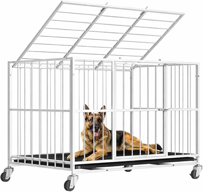 White 48 in Heavy Duty Dog Crate Steel Escape Proof, Indoor Double Door High Anxiety Cage, Removable Tray, Kennel with Wheels,XL XXL