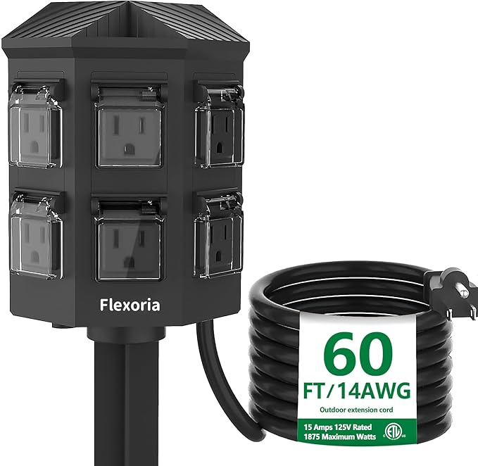 Outdoor Power Strip Waterproof, 60 FT Extension Cord, 6 Grounded Outlets for Christmas Decorations and Inflatables, 15A/1875W, ETL Listed