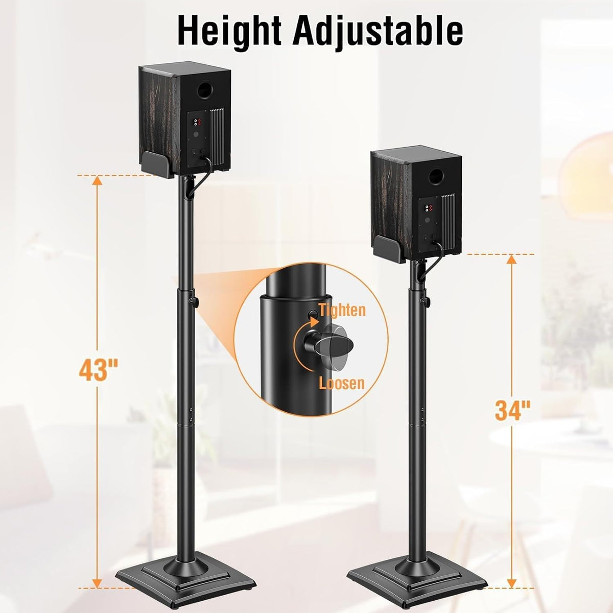 Speaker Stands Pair, 34"-43.3" Height Adjustable, Max 11 lbs, Cable Conceal