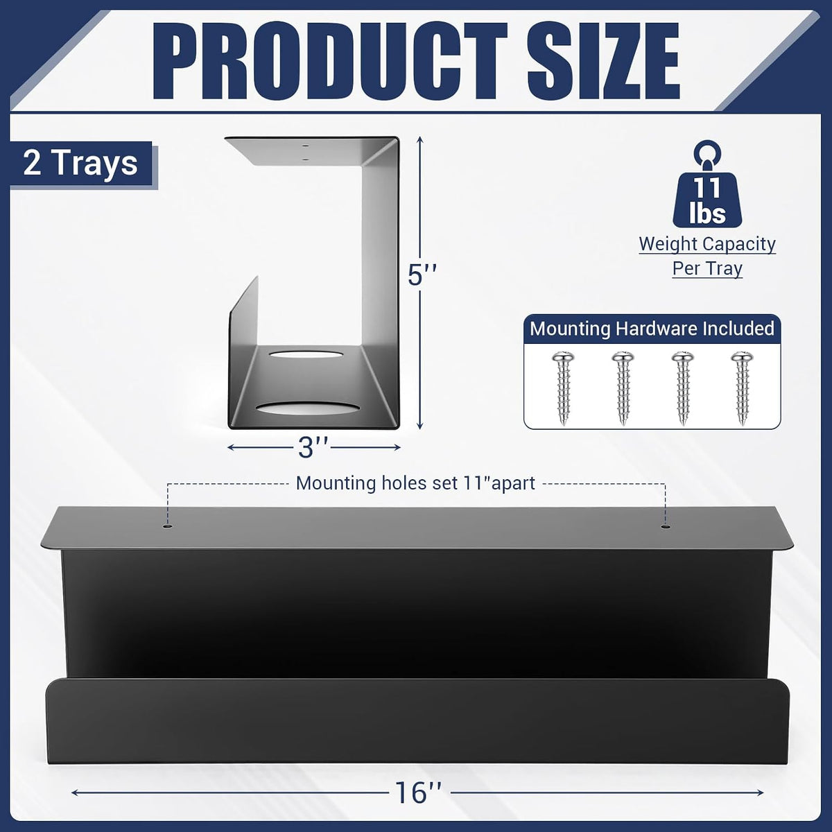 2 Pack Under Desk Cable Management Tray,Hold 11 lbs, 16 x 5 x 3 Inch, Black