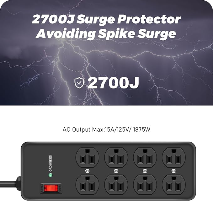 HEZI 8 Outlet Heavy Duty Power Strip, 15Amp Metal Mountable Surge Protector (2700J), Industrial Wall Mount Power Strip for Home, Office, Garage & Workshop, 10FT 14AWG Extension Cord