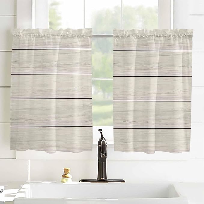 Vintage Country Wooden Board Window Valance Curtains, Gradient Wood Grain Line