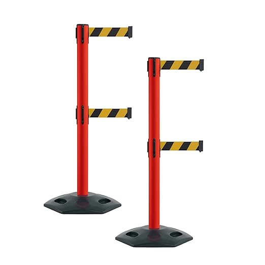Montour Line MSR630D Set of 2 Retractable Belt Barrier Stanchion, Heavy-Duty Rubber Base, Red Post (9 ft Black and Yellow Diagonal Dual Belt)