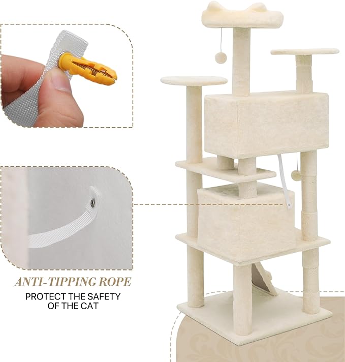 Athena Collection Multi-Level Cat Tree Center with 2 Cat Condo & Scratching Post & Dangling Ball, 54 Inch Tall Cat Tower, Beige
