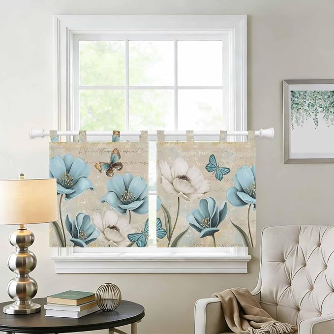 Spring Flowers Kitchen Curtains 24 Inch Length, Small Window Curtains Tab Top