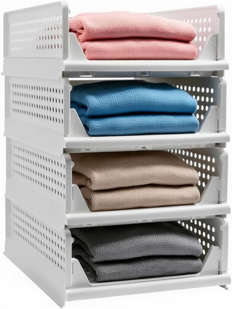 Goderewild Stackable Foldable Storage Baskets, Folding Storage Bins, Closet Organizers and Plastic Drawer Shelf Storage Container for Wardrobe, Cupboard, Kitchen, Bathroom, Office (White, 4S)