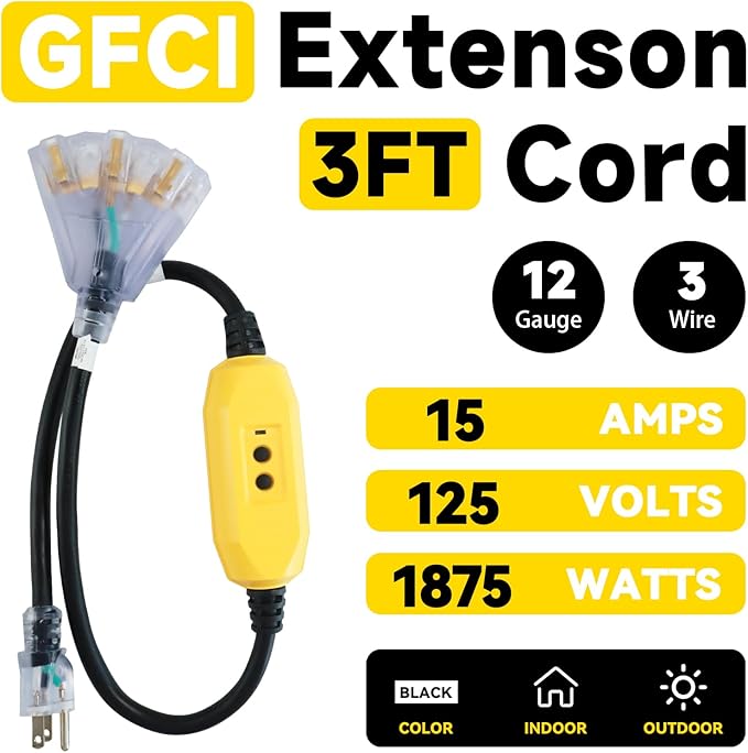 EP 3 Ft Lighted GFCI Extension Cord with 3 Electrical Power Outlets - 12/3 SJTW Heavy Duty Black Pigtail Extension Cable with 3 Prong Grounded Plug for Safety, UL Listed