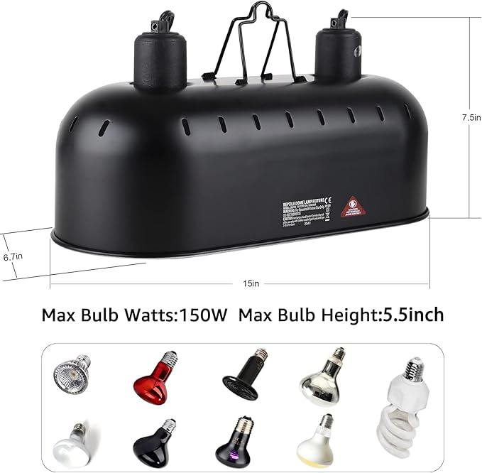 DXOPHIEX Dual Reptile Light Fixture,Reptile Heat Lamp Fixture with 150W Intense Basking Bulb&Ceramic Heat Emitter,Double Dome Heat Lamp for Lizard,Gecko,Bearded Dragon,Tortoise,Snake,Chameleon