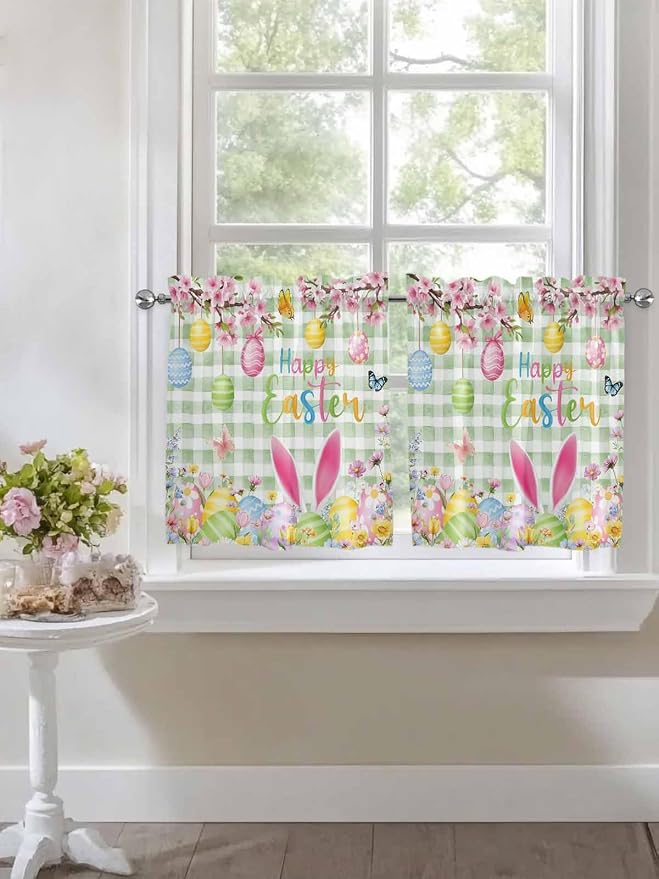 Happy Easter Half Window Curtain 36 Inches Long, Spring Bunny Eggs Flower Sage