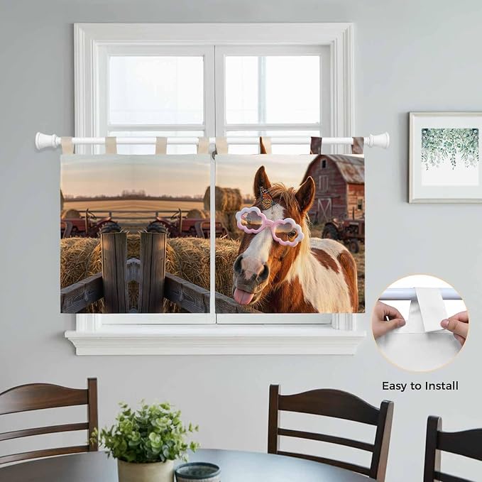 Farm Horses Kitchen Curtains 24 Inch Length, Small Window Curtains Tab Top