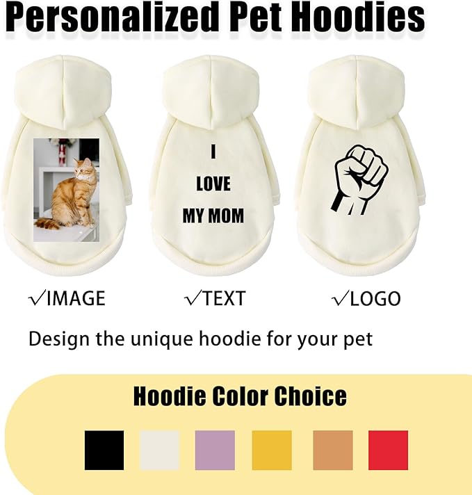 Custom Dog Hoodie, Personalized Sweatshirt with Photo Text Name Logo, Customized Hooded Sweater for Small Medium Large Dogs & Cats (Beige, X-Small)